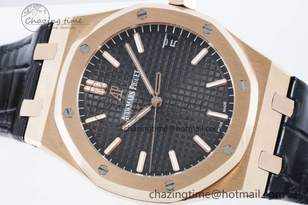 Royal Oak 41mm 15500 RG IPF 1:1 Best Edition Black Textured Dial on Black Leather Strap SA4302 Super Clone