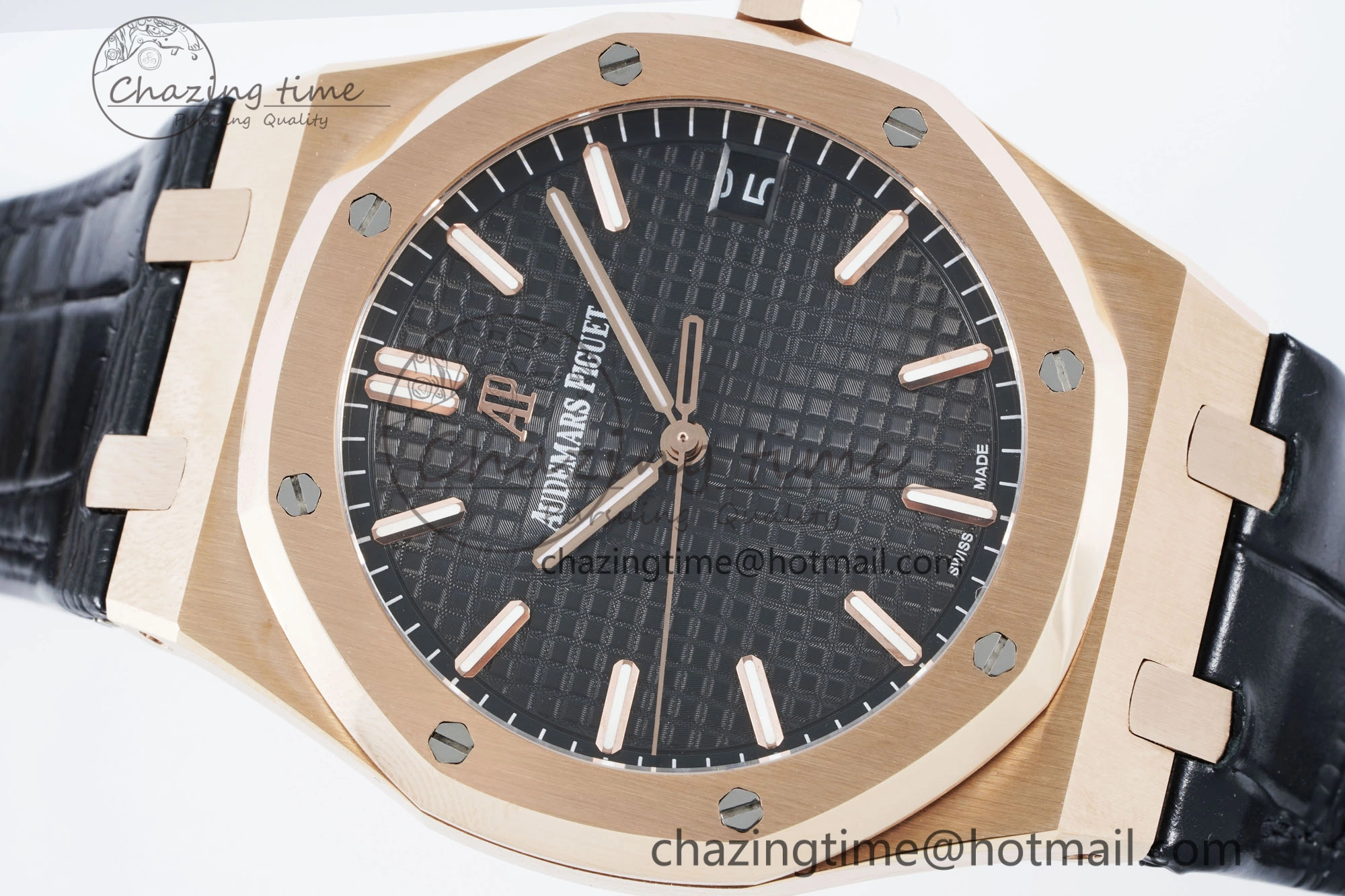 Royal Oak 41mm 15500 RG IPF 1:1 Best Edition Black Textured Dial on Black Leather Strap SA4302 Super Clone