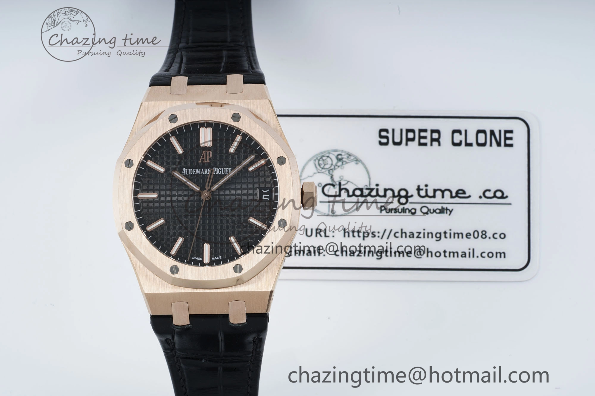 Royal Oak 41mm 15500 RG IPF 1:1 Best Edition Black Textured Dial on Black Leather Strap SA4302 Super Clone