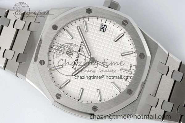 Royal Oak 41mm 15500 SS APSF 1:1 Best Edition White Textured Dial on SS Bracelet A4302 Super Clone