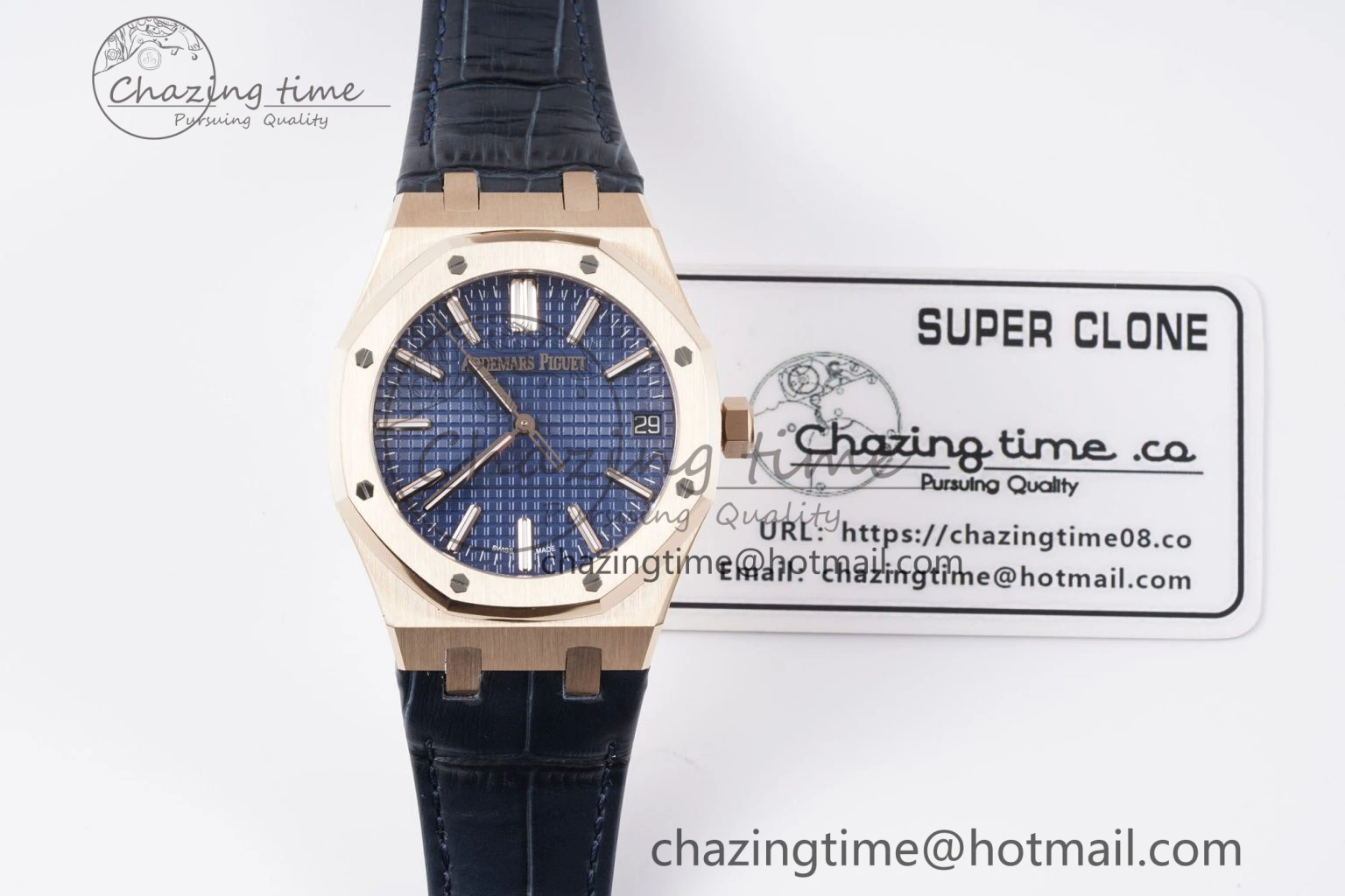 Royal Oak 41mm 15510 “50th Anniversary” RG APSF 1:1 Best Edition Black Dial on Blue Leather Strap SA4302 Super Clone