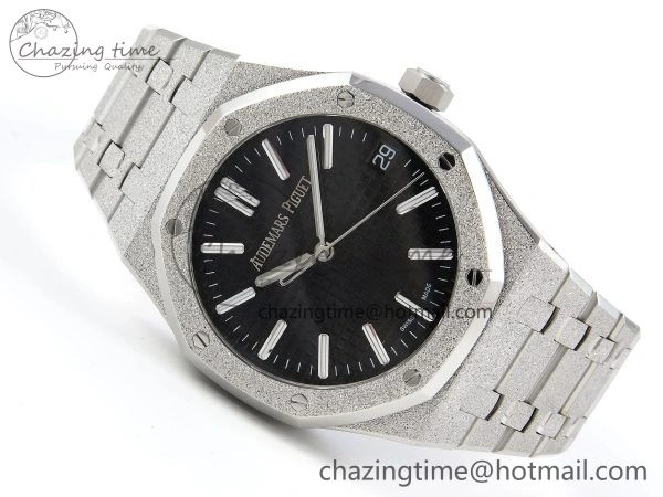Royal Oak 41mm 15510 Frosted SS APSF 1:1 Best Edition Black Textured Dial on SS Bracelet SA4302 Super Clone