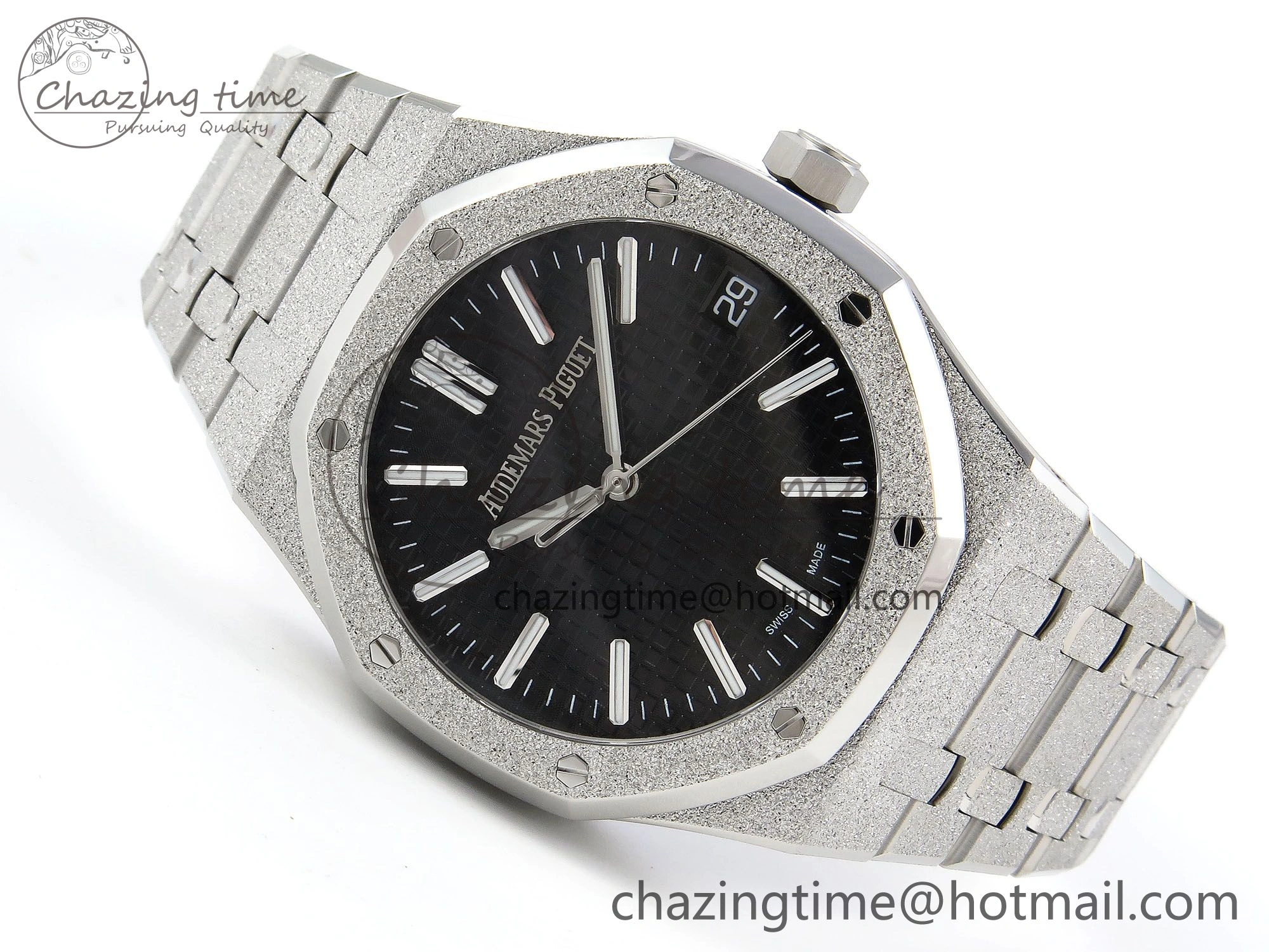 Royal Oak 41mm 15510 Frosted SS APSF 1:1 Best Edition Black Textured Dial on SS Bracelet SA4302 Super Clone