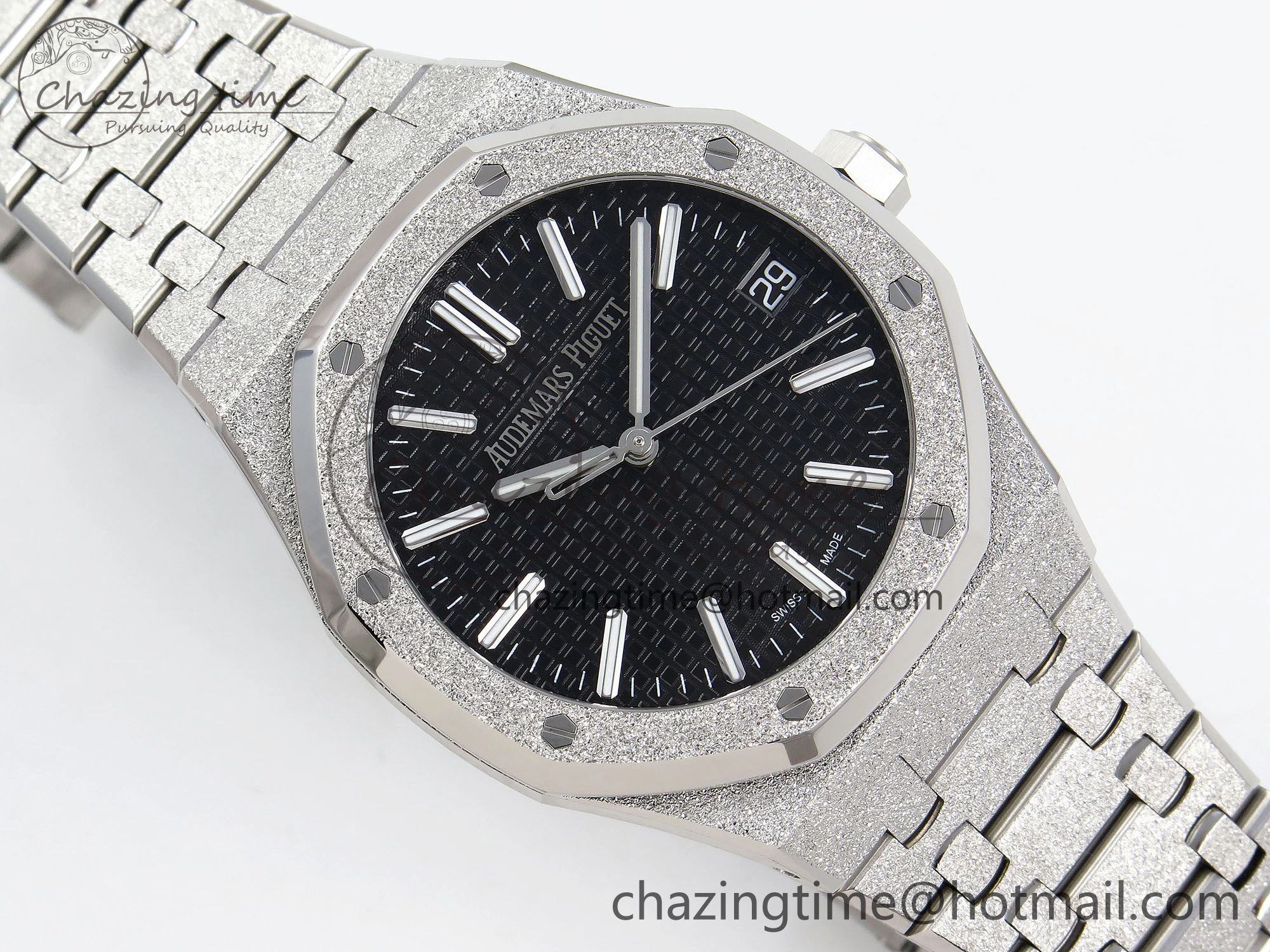 Royal Oak 41mm 15510 Frosted SS APSF 1:1 Best Edition Black Textured Dial on SS Bracelet SA4302 Super Clone