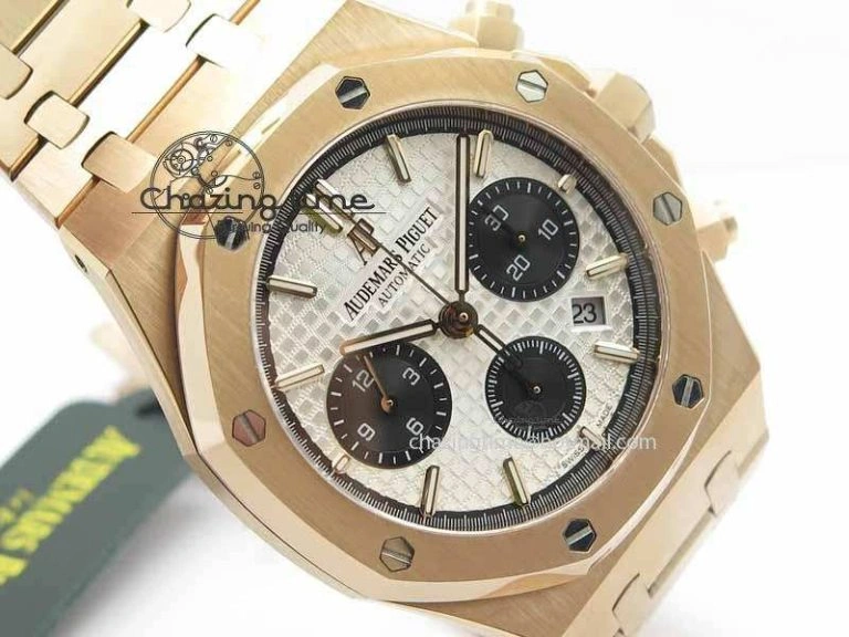 Royal Oak 41mm 26331 Chrono RG White Textured Dial Black Subdial On RG Bracelet A7750