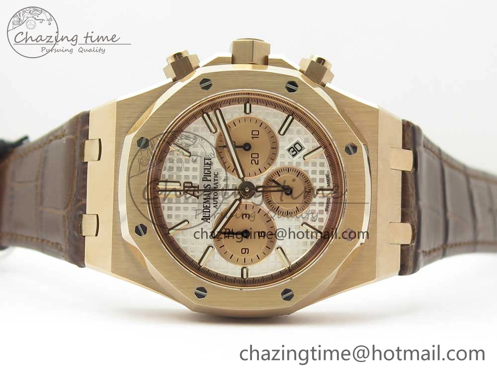Royal Oak Chrono 26331ST RG OMF 1:1 Best Edition White dial on Brown Leather Strap A7750(Free Rubber Strap)