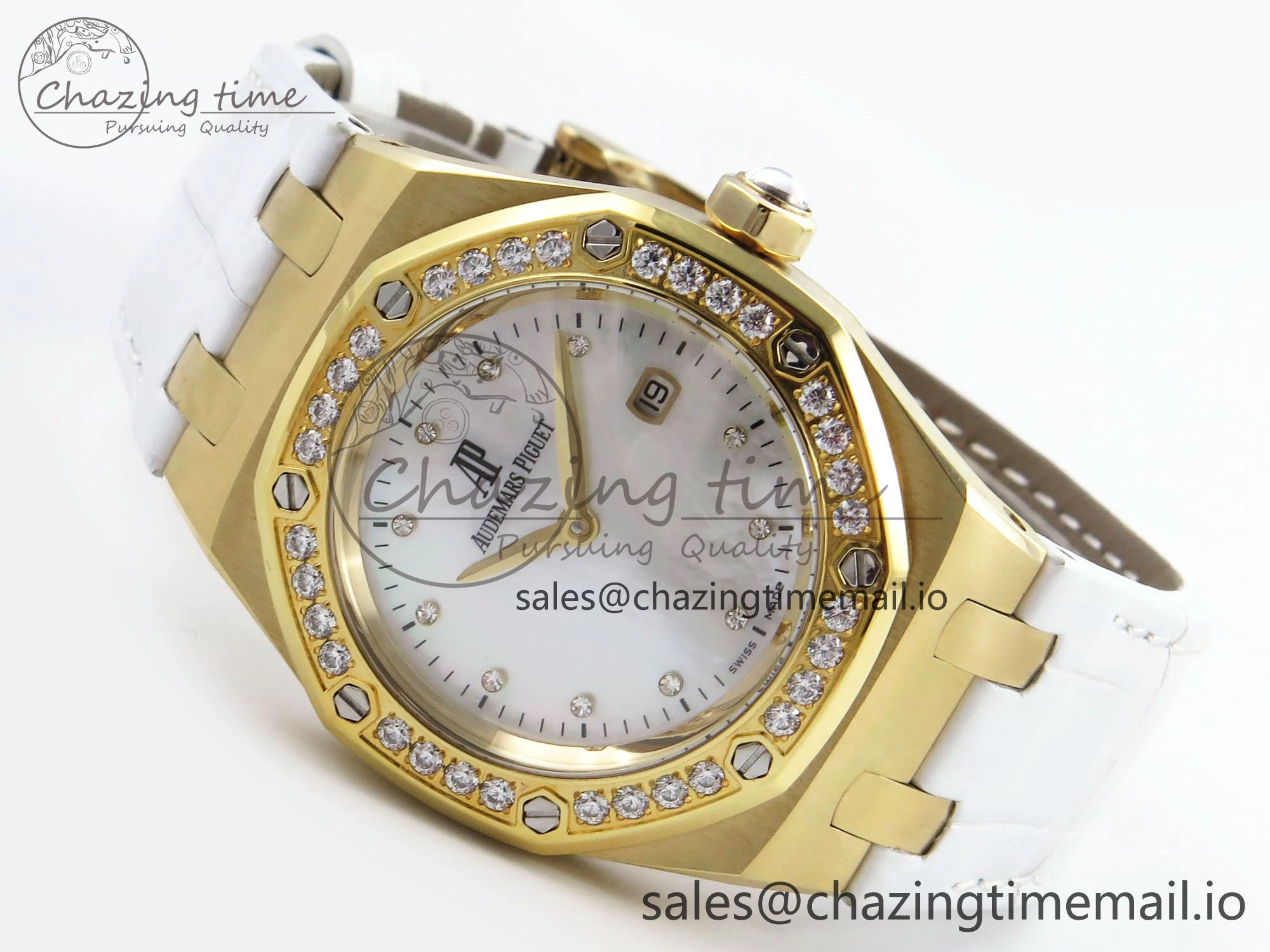 Royal Oak Ladies 33mm YG DRF Best Edition MOP Dial Diamonds Bezel on White Rubber Strap ETA Quartz