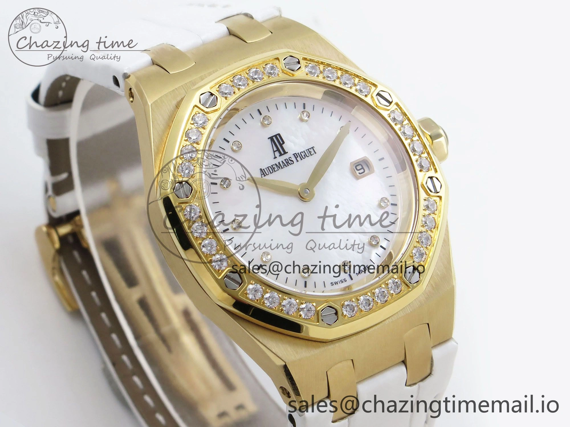 Royal Oak Ladies 33mm YG DRF Best Edition MOP Dial Diamonds Bezel on White Rubber Strap ETA Quartz