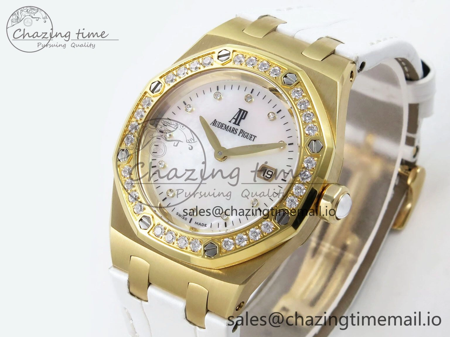 Royal Oak Ladies 33mm YG DRF Best Edition MOP Dial Diamonds Bezel on White Rubber Strap ETA Quartz