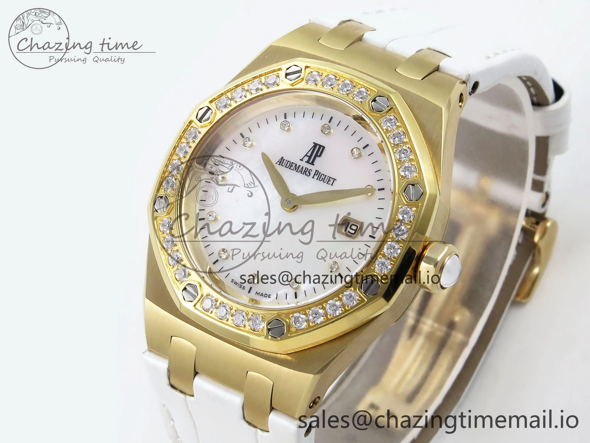 Royal Oak Ladies 33mm YG DRF Best Edition MOP Dial Diamonds Bezel on White Rubber Strap ETA Quartz