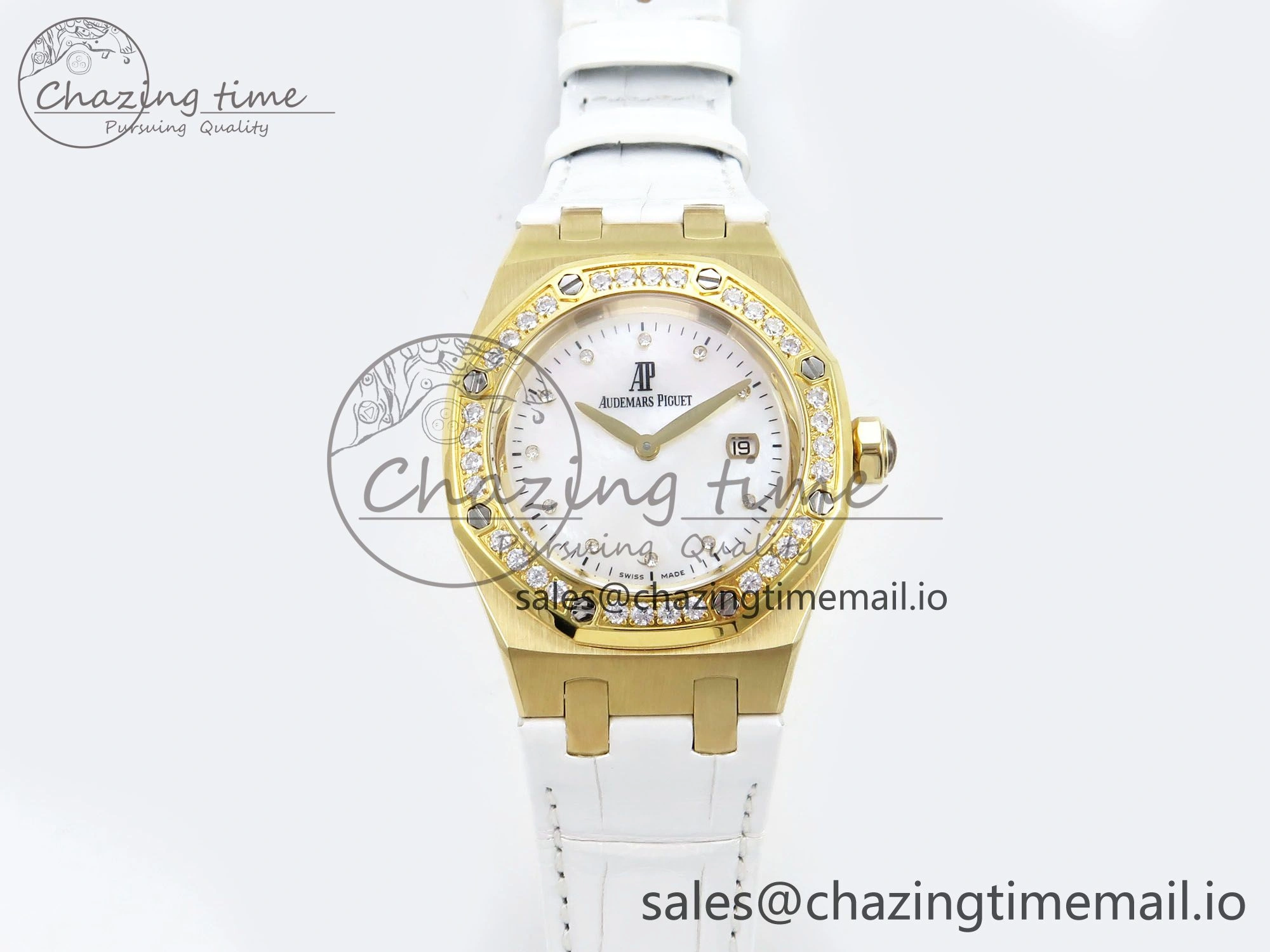 Royal Oak Ladies 33mm YG DRF Best Edition MOP Dial Diamonds Bezel on White Rubber Strap ETA Quartz