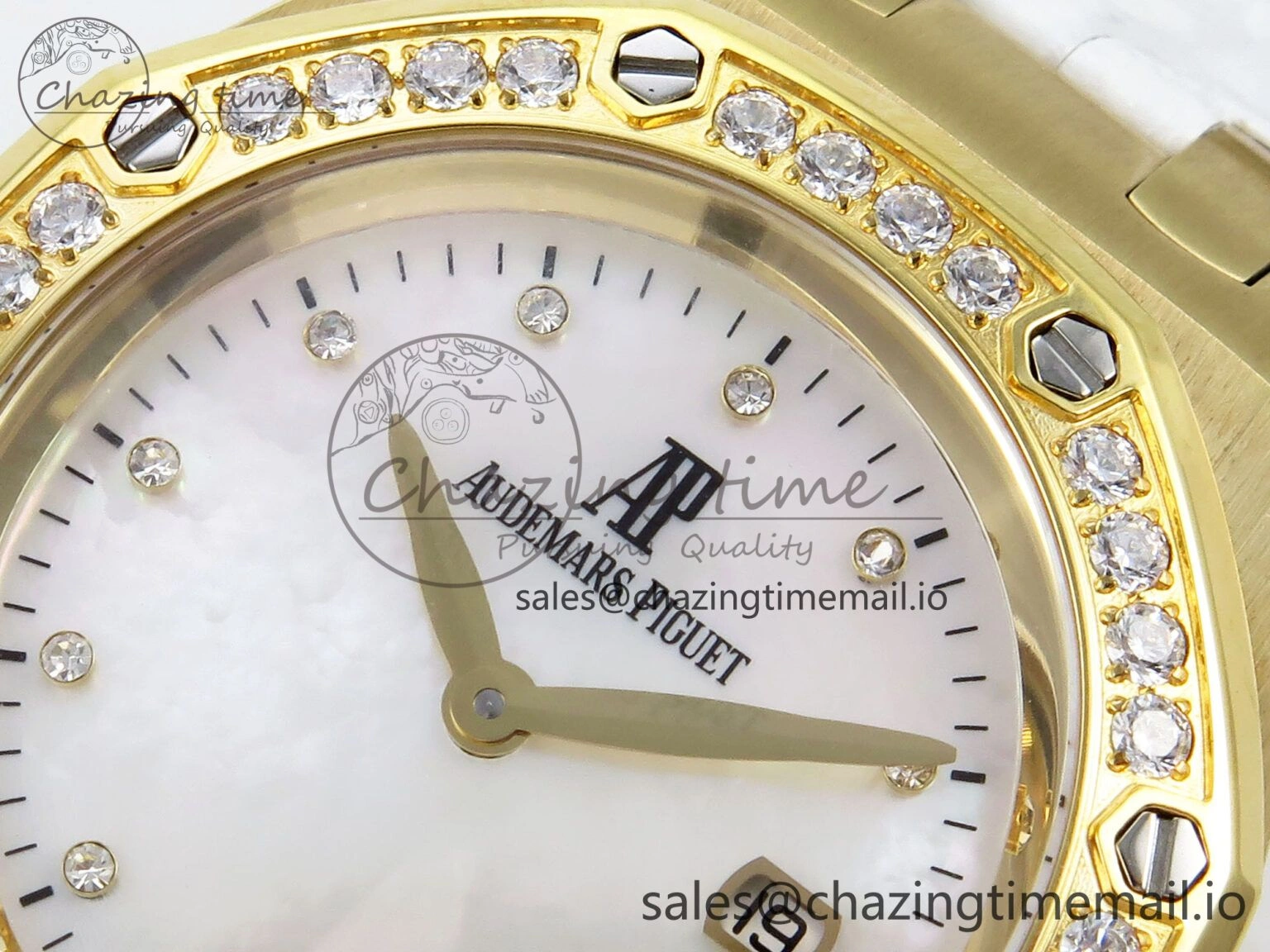 Royal Oak Ladies 33mm YG DRF Best Edition MOP Dial Diamonds Bezel on White Rubber Strap ETA Quartz