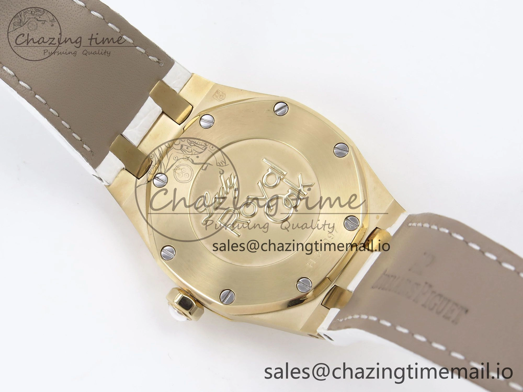 Royal Oak Ladies 33mm YG DRF Best Edition MOP Dial Diamonds Bezel on White Rubber Strap ETA Quartz