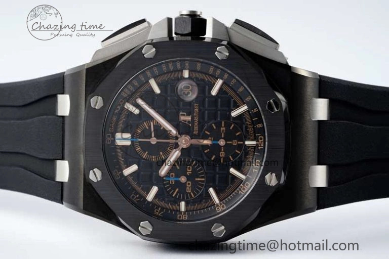 Royal Oak Offshore 2017 44mm Real Ceramic Bezel APF 1:1 Best Edition Black Dial RG Markers on Rubber Strap A3126