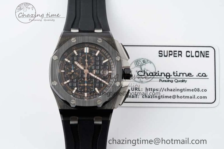 Royal Oak Offshore 2017 44mm Real Ceramic Bezel APF 1:1 Best Edition Black Dial RG Markers on Rubber Strap A3126