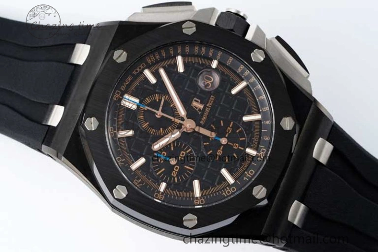 Royal Oak Offshore 2017 44mm Real Ceramic Bezel APF 1:1 Best Edition Black Dial RG Markers on Rubber Strap A3126