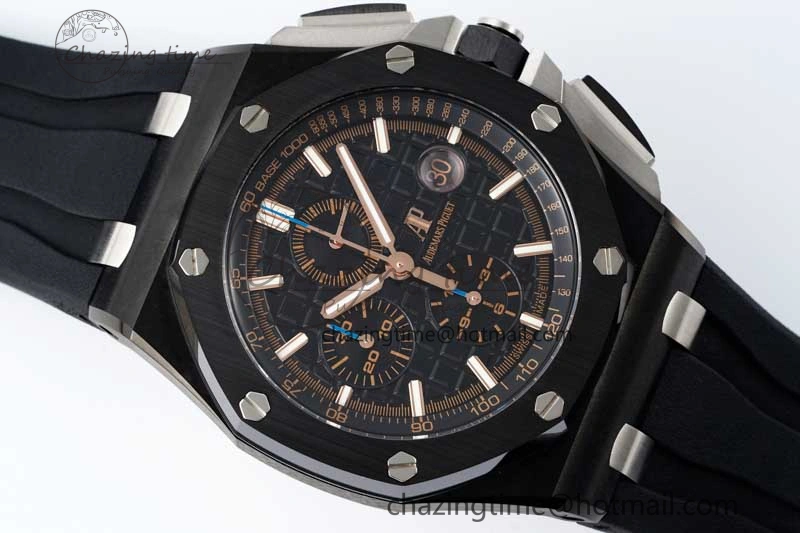 Royal Oak Offshore 2017 44mm Real Ceramic Bezel APF 1:1 Best Edition Black Dial RG Markers on Rubber Strap A3126