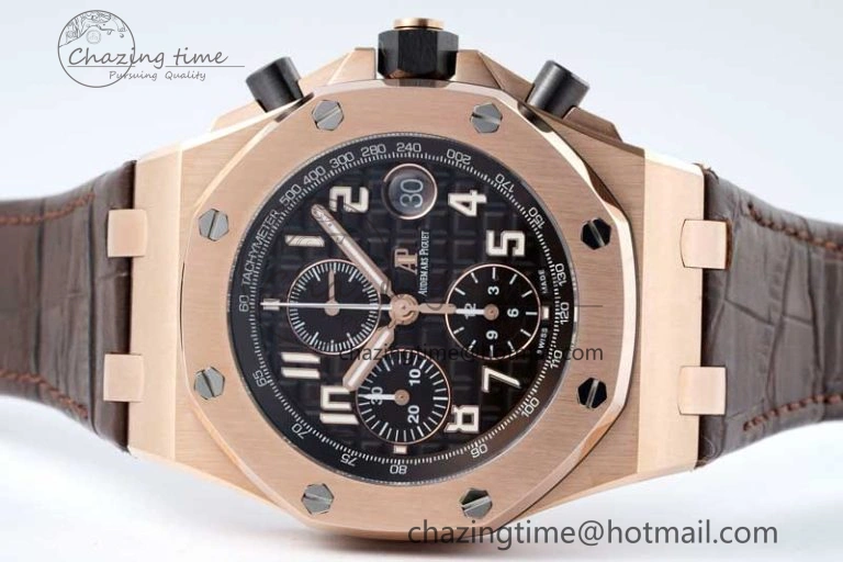 Royal Oak Offshore 42mm RG APF 1:1 Best Edition Black Dial on Brown Leather Strap A3126