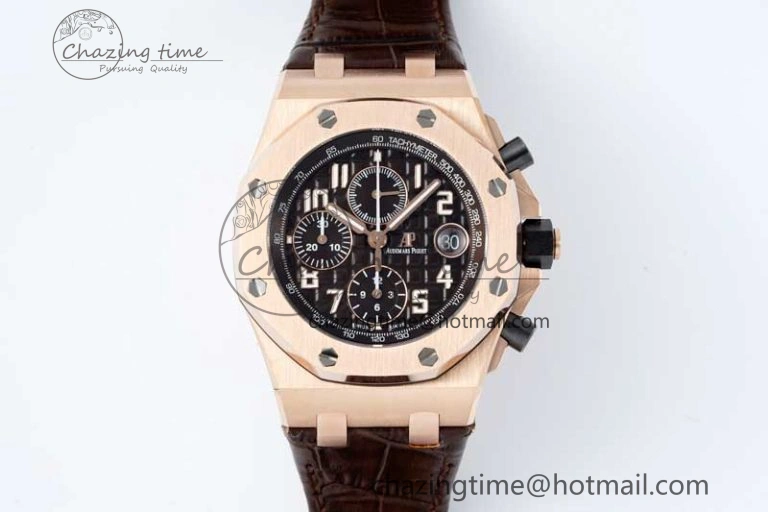 Royal Oak Offshore 42mm RG APF 1:1 Best Edition Black Dial on Brown Leather Strap A3126