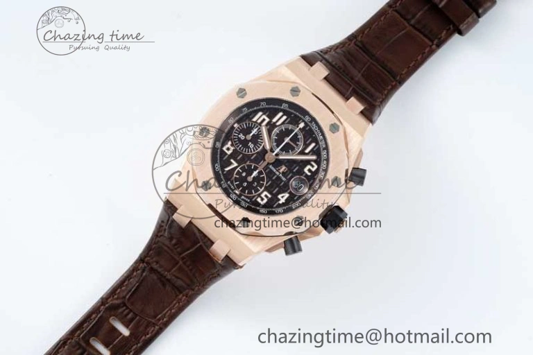 Royal Oak Offshore 42mm RG APF 1:1 Best Edition Black Dial on Brown Leather Strap A3126