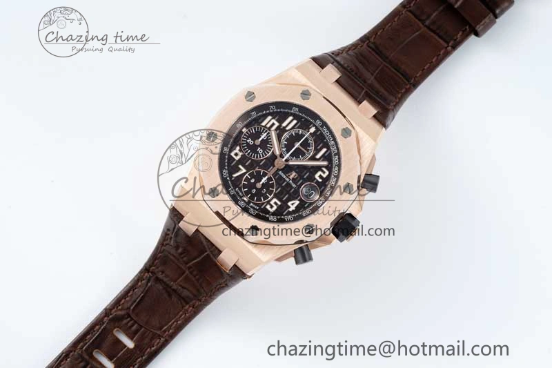 Royal Oak Offshore 42mm RG APF 1:1 Best Edition Black Dial on Brown Leather Strap A3126