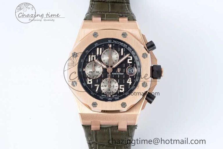 Royal Oak Offshore 42mm RG APF 1:1 Best Edition Black Silver Dial on Green Leather Strap A3126