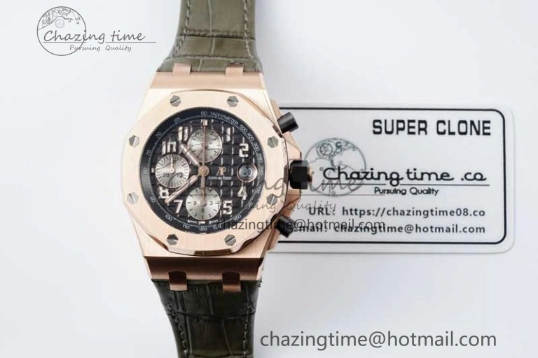 Royal Oak Offshore 42mm RG APF 1:1 Best Edition Black Silver Dial on Green Leather Strap A3126