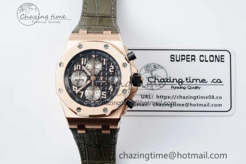 Royal Oak Offshore 42mm RG APF 1:1 Best Edition Black Silver Dial on Green Leather Strap A3126