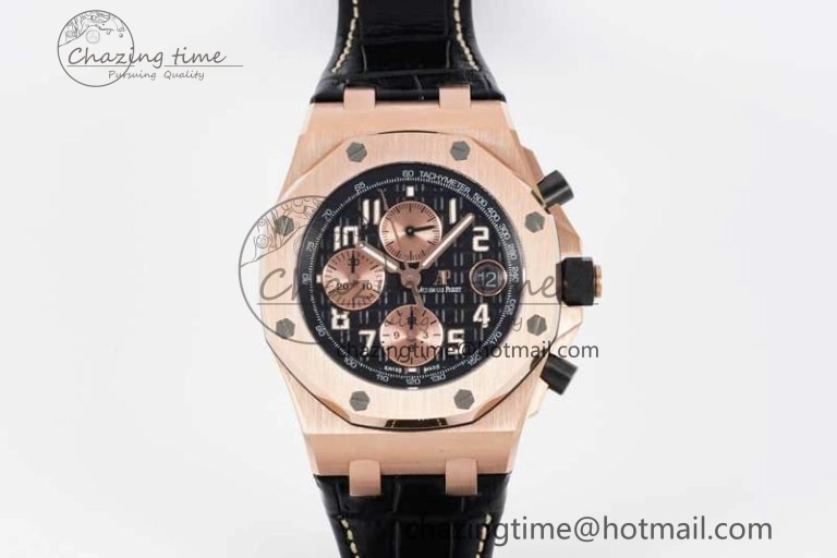 Royal Oak Offshore 42mm RG Bezel APF 1:1 Best Edition Black RG Dial on Black Leather Strap A3126