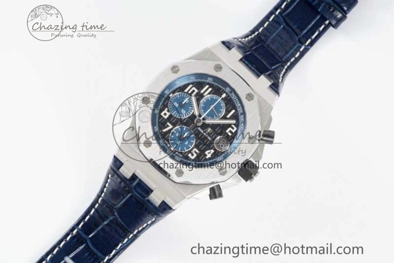 Royal Oak Offshore 42mm SS APF 1:1 Best Edition Black Blue Dial on Blue Leather Strap A3126