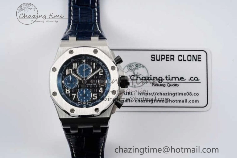 Royal Oak Offshore 42mm SS APF 1:1 Best Edition Black Blue Dial on Blue Leather Strap A3126