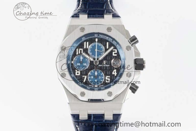 Royal Oak Offshore 42mm SS APF 1:1 Best Edition Black Blue Dial on Blue Leather Strap A3126