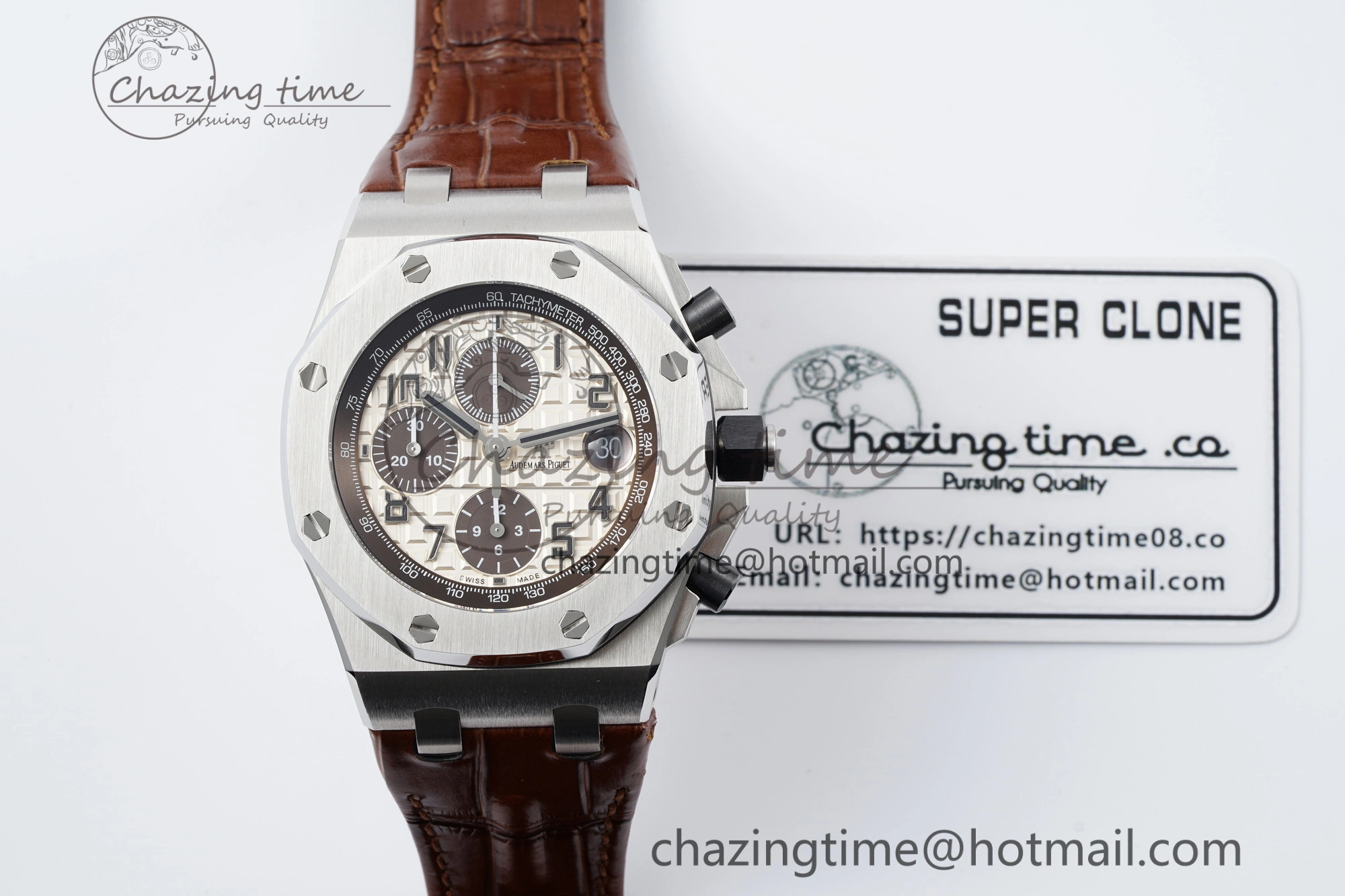 Royal Oak Offshore 42mm SS APF 1:1 Best Edition Cream Dial on Brown Leather Strap A3126