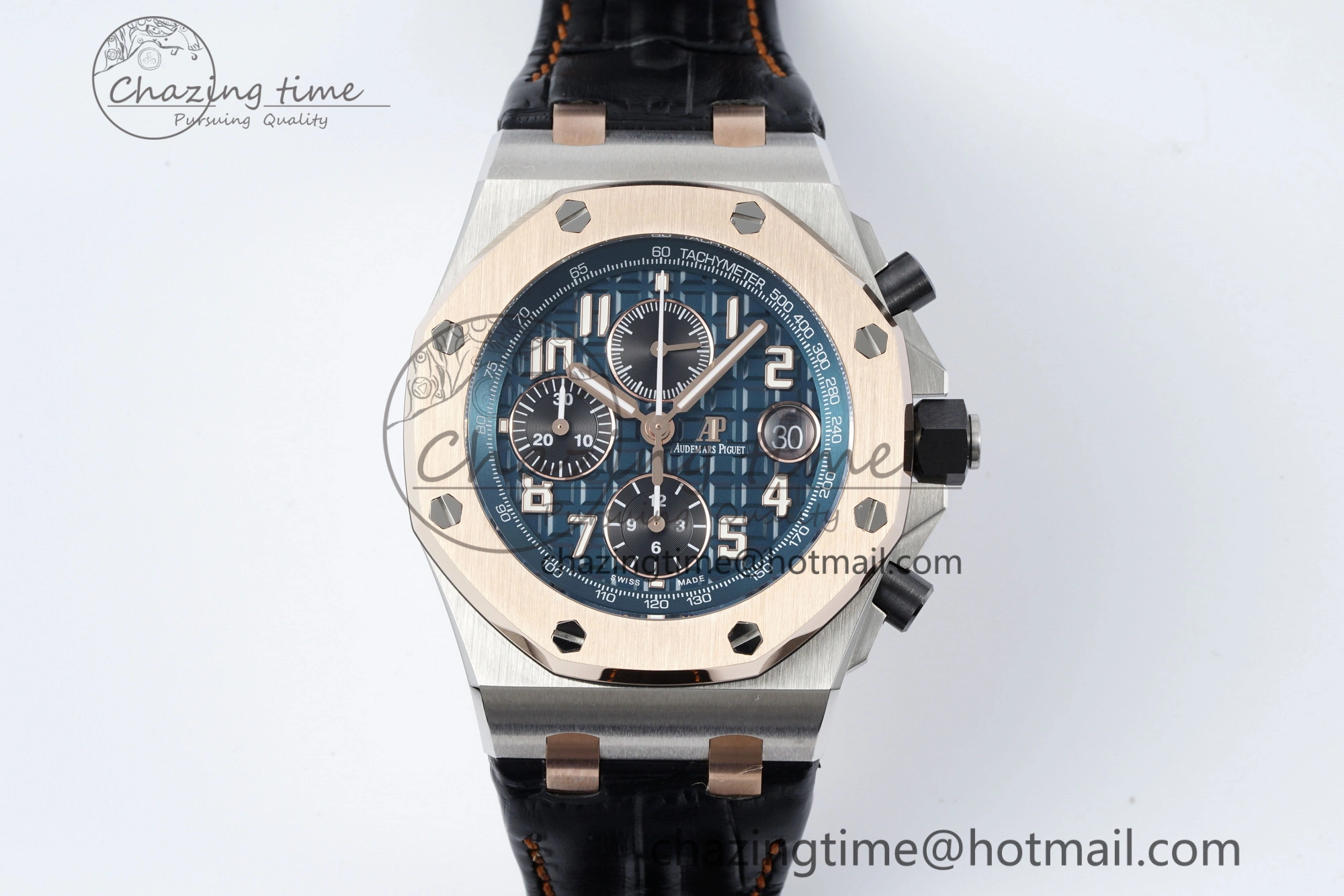 Royal Oak Offshore 42mm SS APF 1:1 Best Edition RG Bezel Blue Dial on Black Leather Strap A3126
