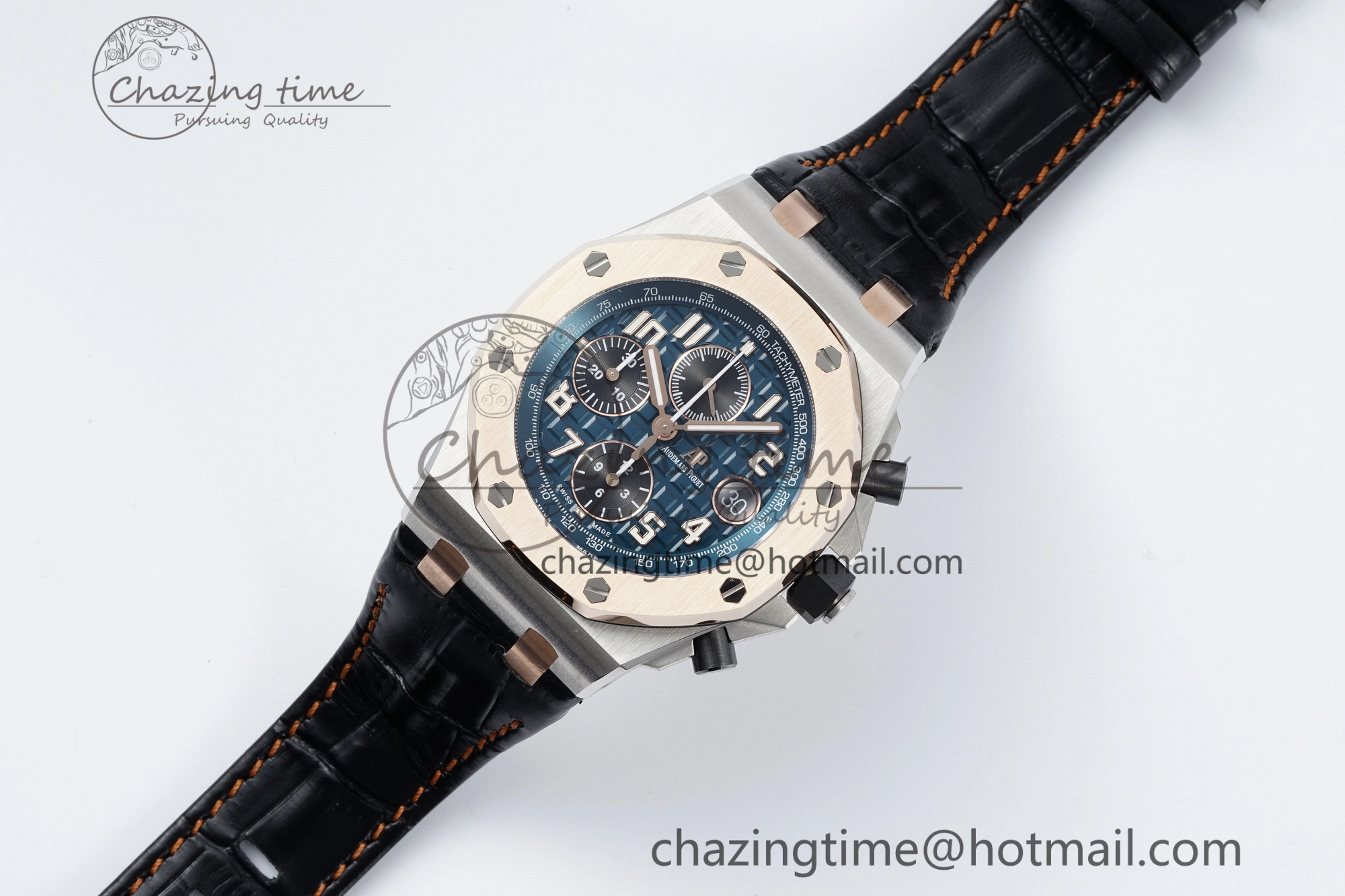 Royal Oak Offshore 42mm SS APF 1:1 Best Edition RG Bezel Blue Dial on Black Leather Strap A3126