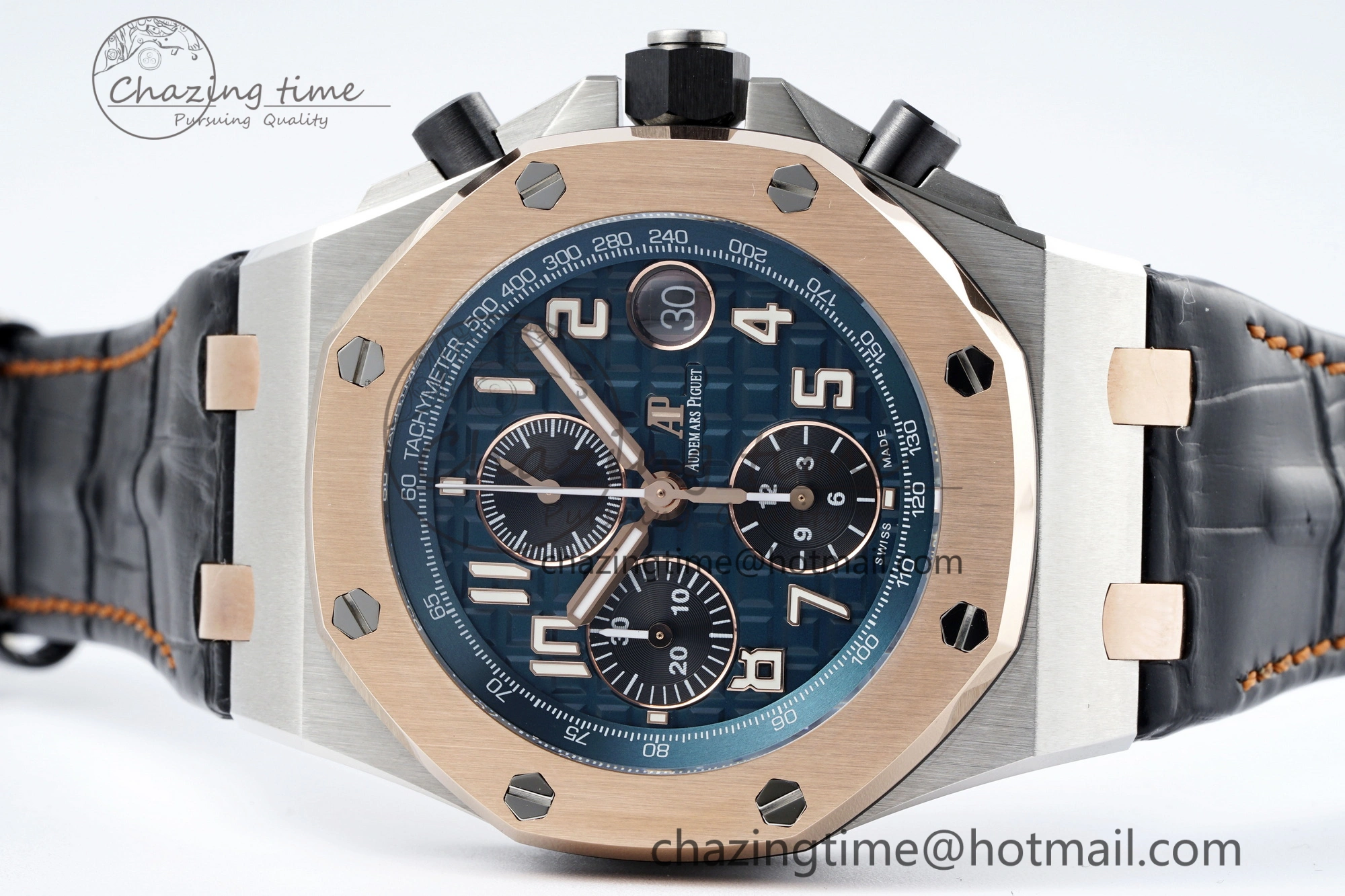 Royal Oak Offshore 42mm SS APF 1:1 Best Edition RG Bezel Blue Dial on Black Leather Strap A3126