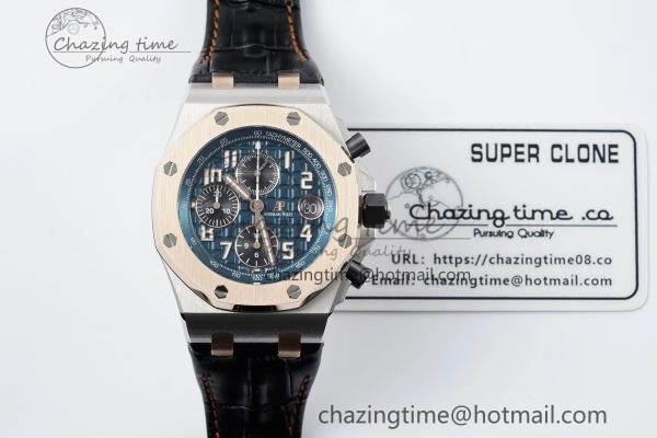 Royal Oak Offshore 42mm SS APF 1:1 Best Edition RG Bezel Blue Dial on Black Leather Strap A3126