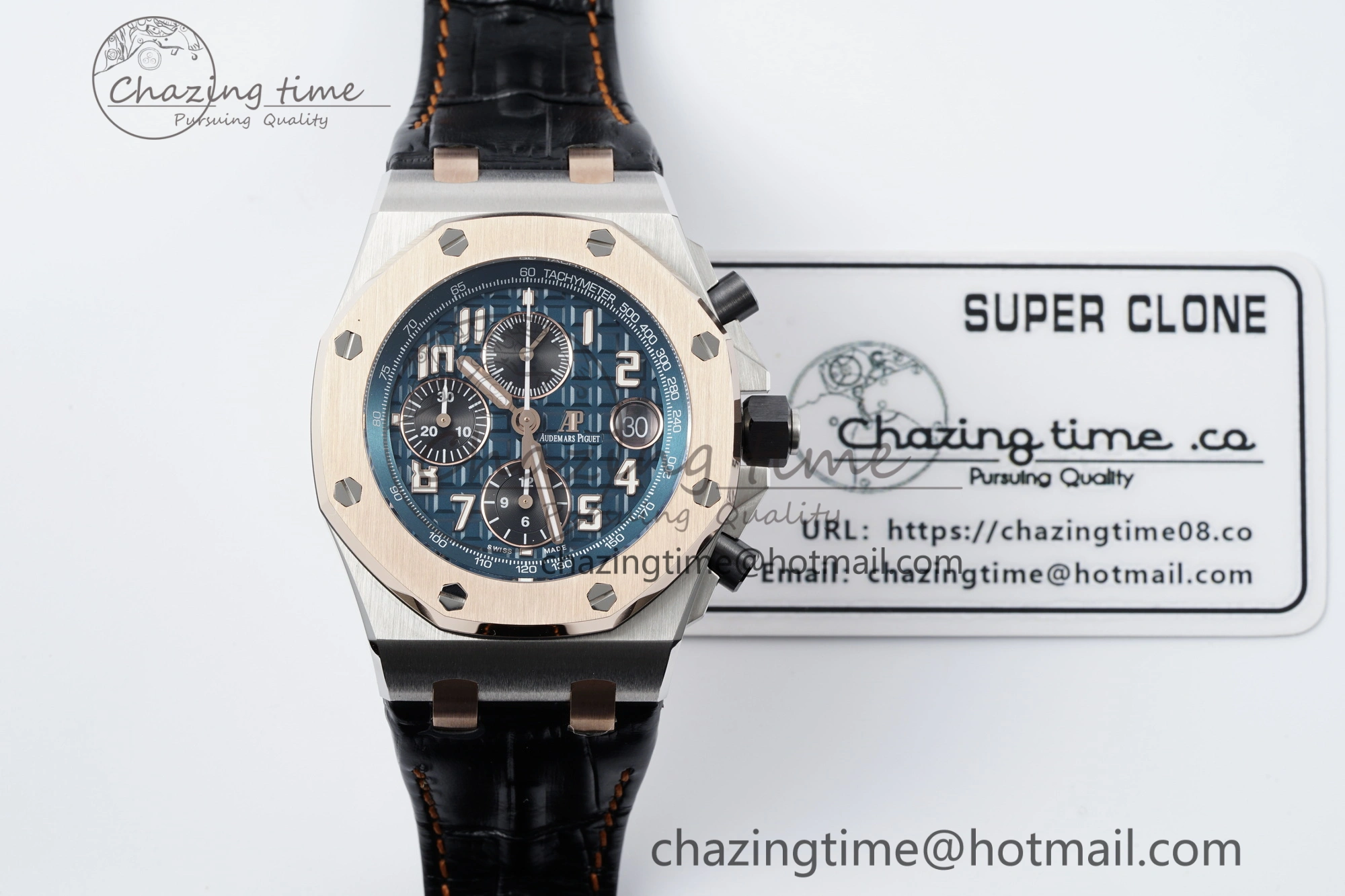 Royal Oak Offshore 42mm SS APF 1:1 Best Edition RG Bezel Blue Dial on Black Leather Strap A3126