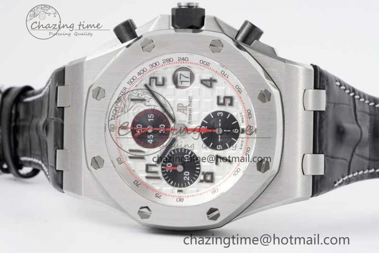 Royal Oak Offshore 42mm SS APF 1:1 Best Edition White Black Dial on Black Leather Strap A7750