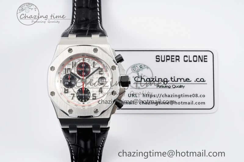 Royal Oak Offshore 42mm SS APF 1:1 Best Edition White Black Dial on Black Leather Strap A7750