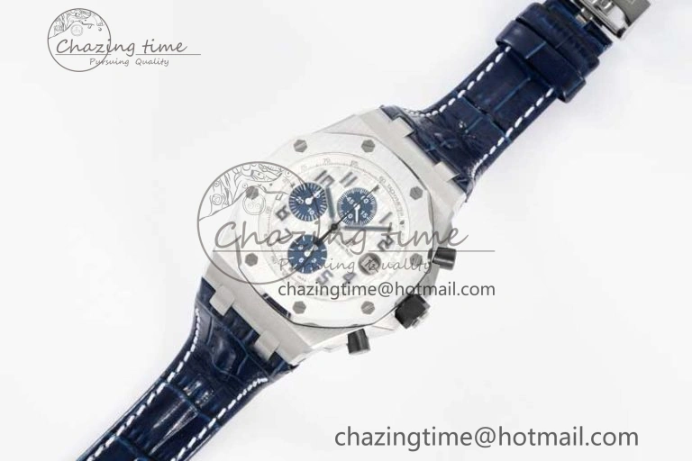 Royal Oak Offshore 42mm SS APF 1:1 Best Edition White Blue Dial on Blue Leather Strap A7750
