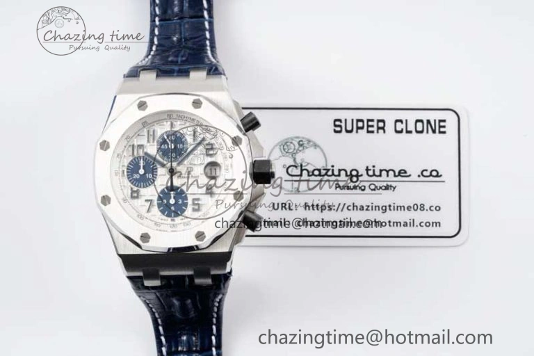 Royal Oak Offshore 42mm SS APF 1:1 Best Edition White Blue Dial on Blue Leather Strap A7750