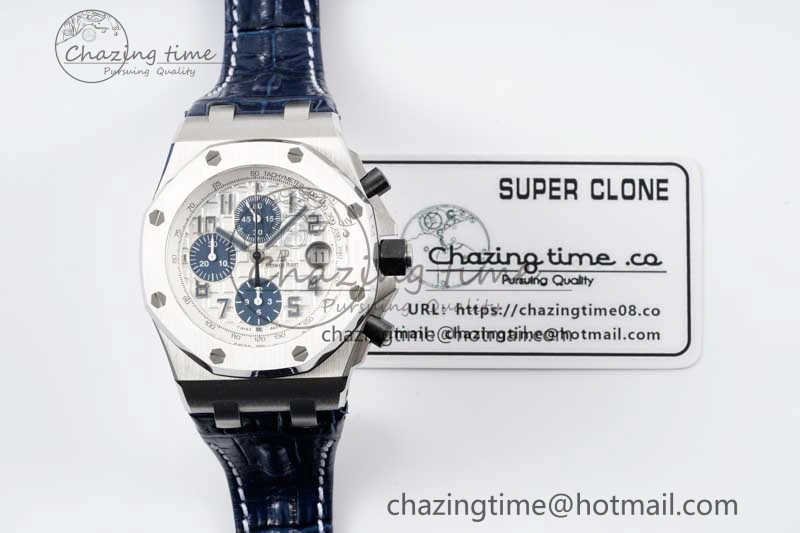 Royal Oak Offshore 42mm SS APF 1:1 Best Edition White Blue Dial on Blue Leather Strap A7750