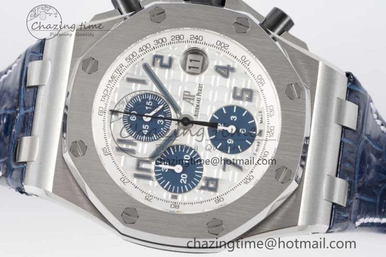 Royal Oak Offshore 42mm SS APF 1:1 Best Edition White Blue Dial on Blue Leather Strap A7750