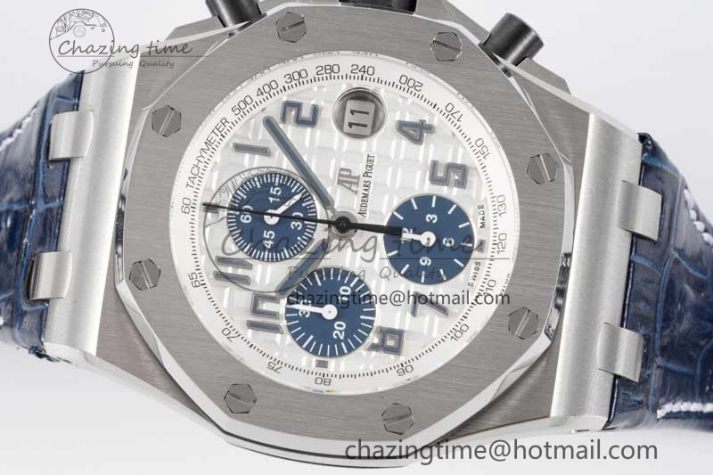 Royal Oak Offshore 42mm SS APF 1:1 Best Edition White Blue Dial on Blue Leather Strap A7750