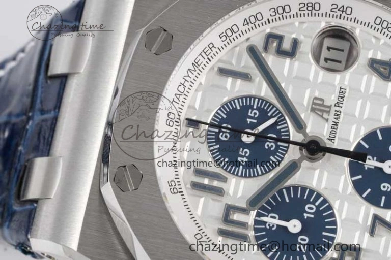 Royal Oak Offshore 42mm SS APF 1:1 Best Edition White Blue Dial on Blue Leather Strap A7750