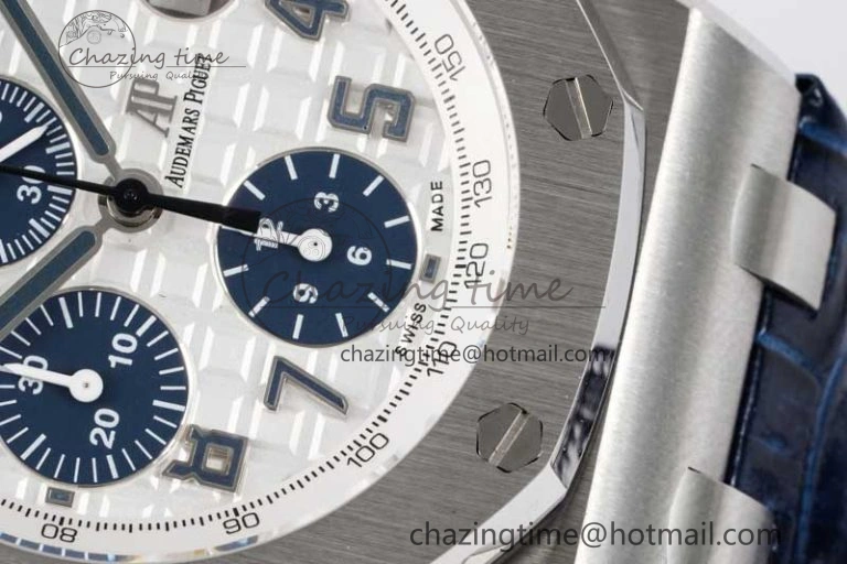 Royal Oak Offshore 42mm SS APF 1:1 Best Edition White Blue Dial on Blue Leather Strap A7750