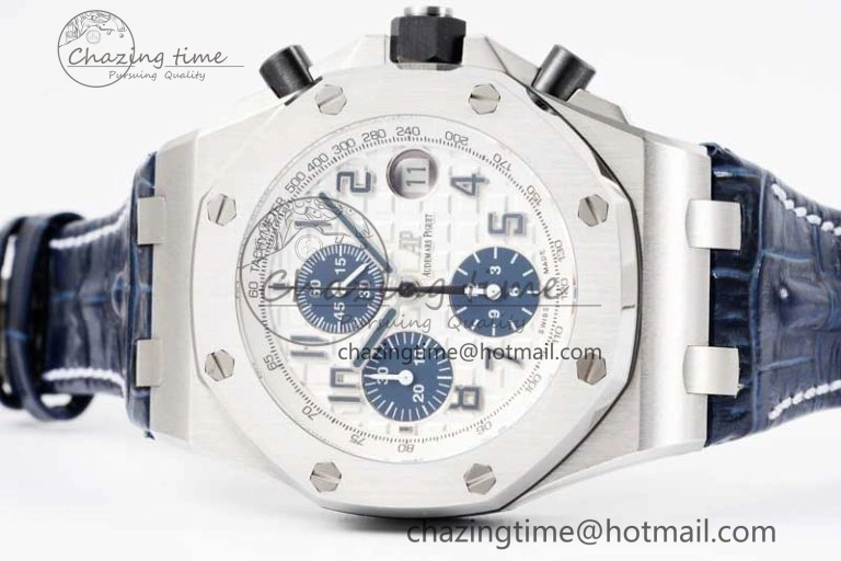 Royal Oak Offshore 42mm SS APF 1:1 Best Edition White Blue Dial on Blue Leather Strap A7750