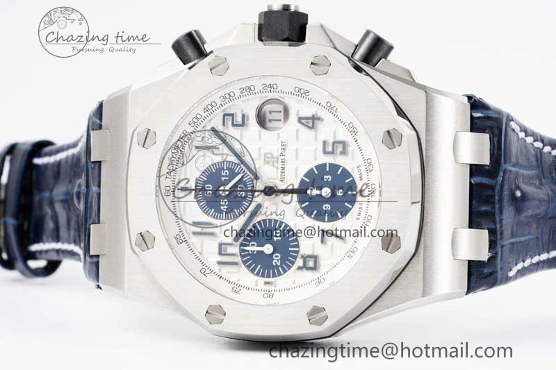 Royal Oak Offshore 42mm SS APF 1:1 Best Edition White Blue Dial on Blue Leather Strap A7750