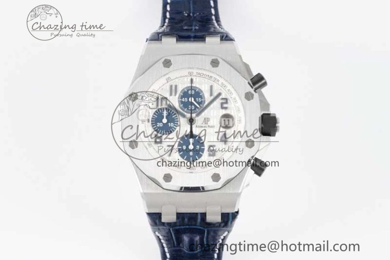 Royal Oak Offshore 42mm SS APF 1:1 Best Edition White Blue Dial on Blue Leather Strap A7750